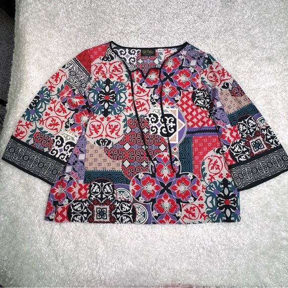 Bob Mackie Global Montage Print Boxy Top Bright Colorful Artsy Lightweight Large - Picture 3 of 10